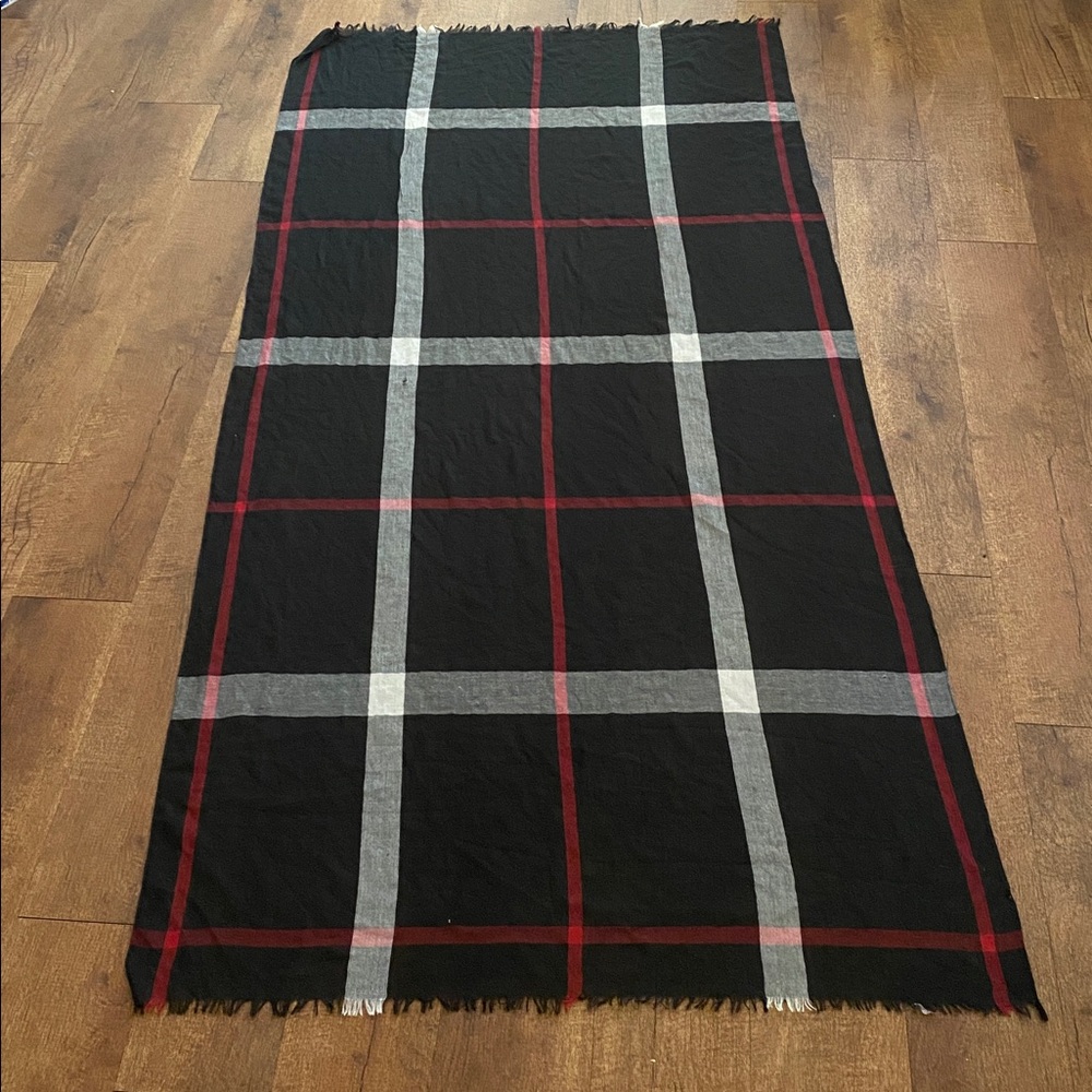 Red, black, and gray scarf with fringe - Picture 6 of 8